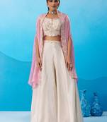 Cream viscoce beads embroidered crop top with flared cape & palazzo set