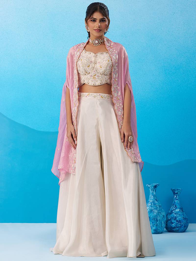 Cream viscoce beads embroidered crop top with flared cape & palazzo set