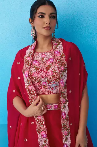 Pink crepe beads embroidered crop top with flared cape & flared palazzo set