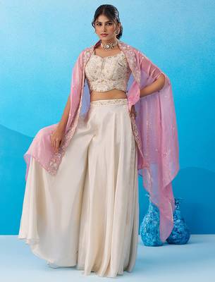 Cream viscoce beads embroidered crop top with flared cape & palazzo set 2