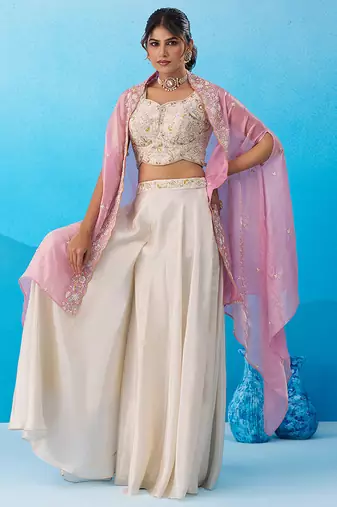 Cream viscoce beads embroidered crop top with flared cape & palazzo set