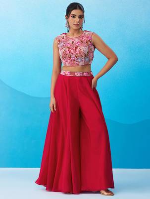 Pink crepe beads embroidered crop top with flared cape & flared palazzo set 4