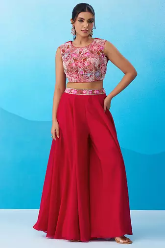 Pink crepe beads embroidered crop top with flared cape & flared palazzo set