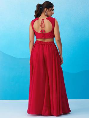 Pink crepe beads embroidered crop top with flared cape & flared palazzo set 5
