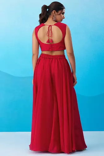 Pink crepe beads embroidered crop top with flared cape & flared palazzo set
