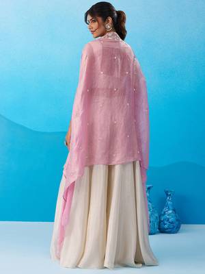 Cream viscoce beads embroidered crop top with flared cape & palazzo set 3