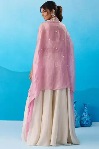 Cream viscoce beads embroidered crop top with flared cape & palazzo set