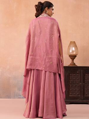 Pink crepe beads embroidered crop top with flared cape & flared palazzo set 1