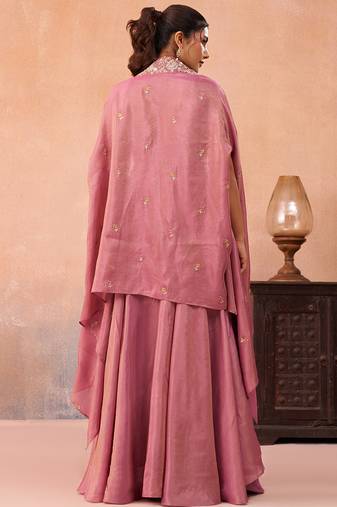 Pink crepe beads embroidered crop top with flared cape & flared palazzo set