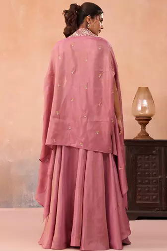 Pink crepe beads embroidered crop top with flared cape & flared palazzo set