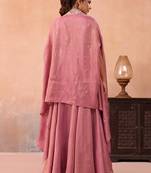 Pink crepe beads embroidered crop top with flared cape & flared palazzo set