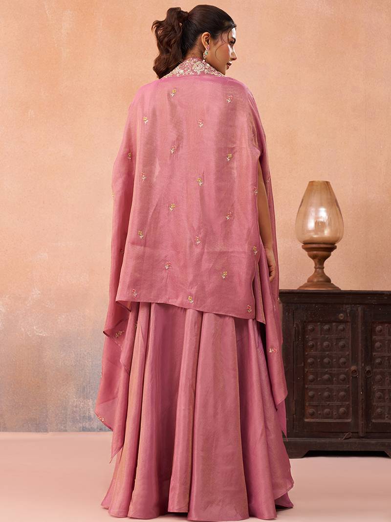 Pink crepe beads embroidered crop top with flared cape & flared palazzo set
