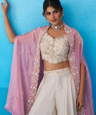 Cream viscoce beads embroidered crop top with flared cape & palazzo set 4