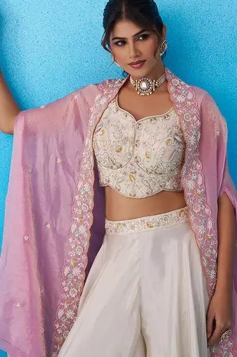 Cream viscoce beads embroidered crop top with flared cape & palazzo set