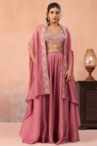 Pink crepe beads embroidered crop top with flared cape & flared palazzo set