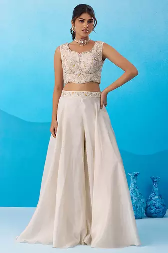 Cream viscoce beads embroidered crop top with flared cape & palazzo set