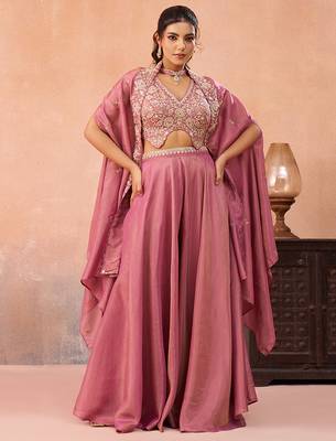 Pink crepe beads embroidered crop top with flared cape & flared palazzo set 3