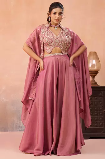Pink crepe beads embroidered crop top with flared cape & flared palazzo set