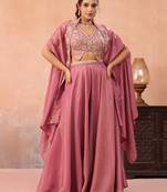 Pink crepe beads embroidered crop top with flared cape & flared palazzo set