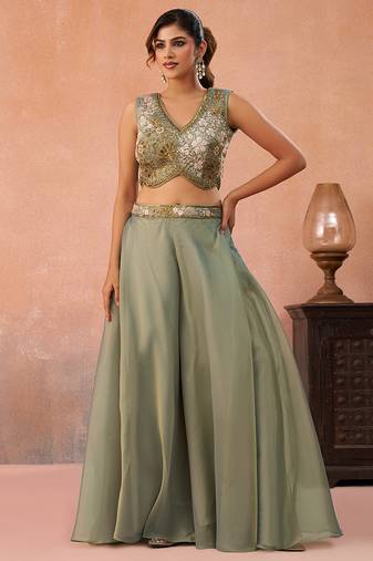 Sage green tissue beads embroidered crop top with flared cape & flared palazzo set