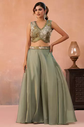 Sage green tissue beads embroidered crop top with flared cape & flared palazzo set