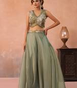 Sage green tissue beads embroidered crop top with flared cape & flared palazzo set