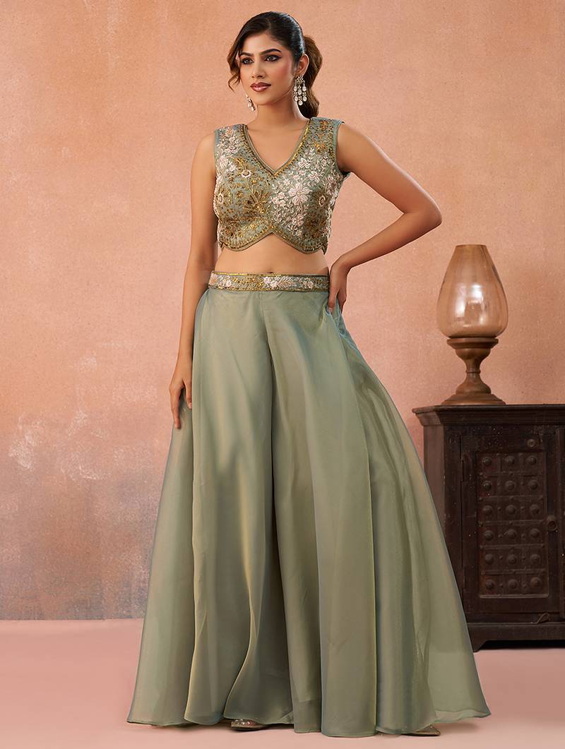 Sage green tissue beads embroidered crop top with flared cape & flared palazzo set