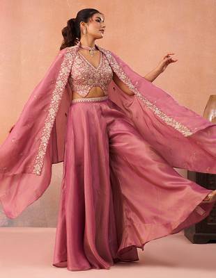 Pink crepe beads embroidered crop top with flared cape & flared palazzo set 4