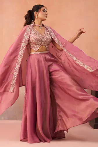 Pink crepe beads embroidered crop top with flared cape & flared palazzo set