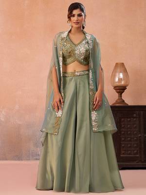 Sage green tissue beads embroidered crop top with flared cape & flared palazzo set 2