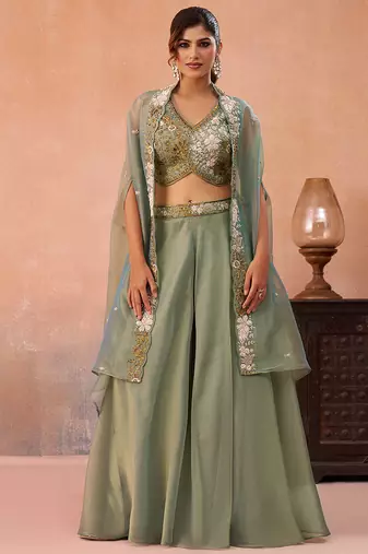 Sage green tissue beads embroidered crop top with flared cape & flared palazzo set