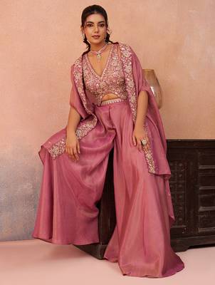 Pink crepe beads embroidered crop top with flared cape & flared palazzo set 5