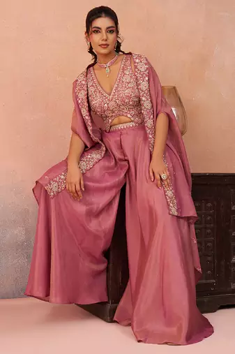 Pink crepe beads embroidered crop top with flared cape & flared palazzo set