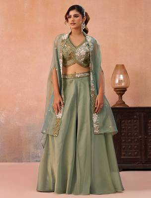 Sage green tissue beads embroidered crop top with flared cape & flared palazzo set 3