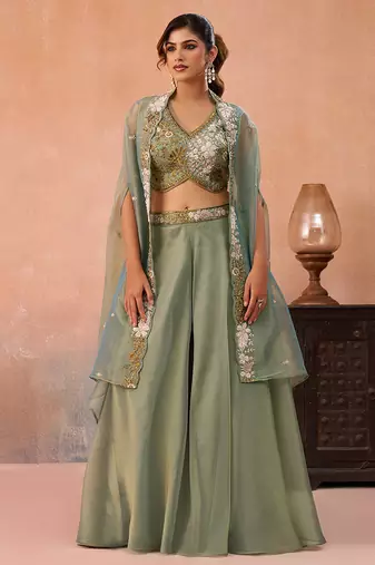 Sage green tissue beads embroidered crop top with flared cape & flared palazzo set