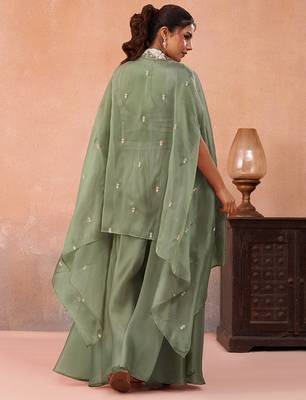 Sage green tissue beads embroidered crop top with flared cape & flared palazzo set 4