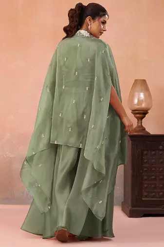 Sage green tissue beads embroidered crop top with flared cape & flared palazzo set