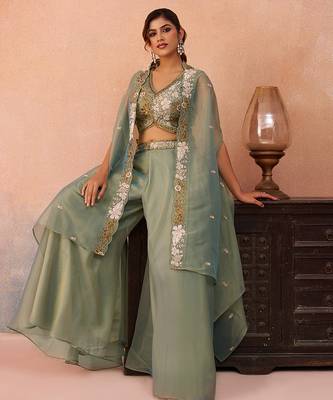 Sage green tissue beads embroidered crop top with flared cape & flared palazzo set 5