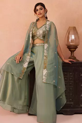 Sage green tissue beads embroidered crop top with flared cape & flared palazzo set