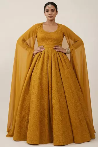 Mustard embroidered tissue anarkali set