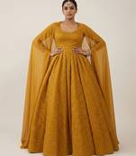 Mustard embroidered tissue anarkali set
