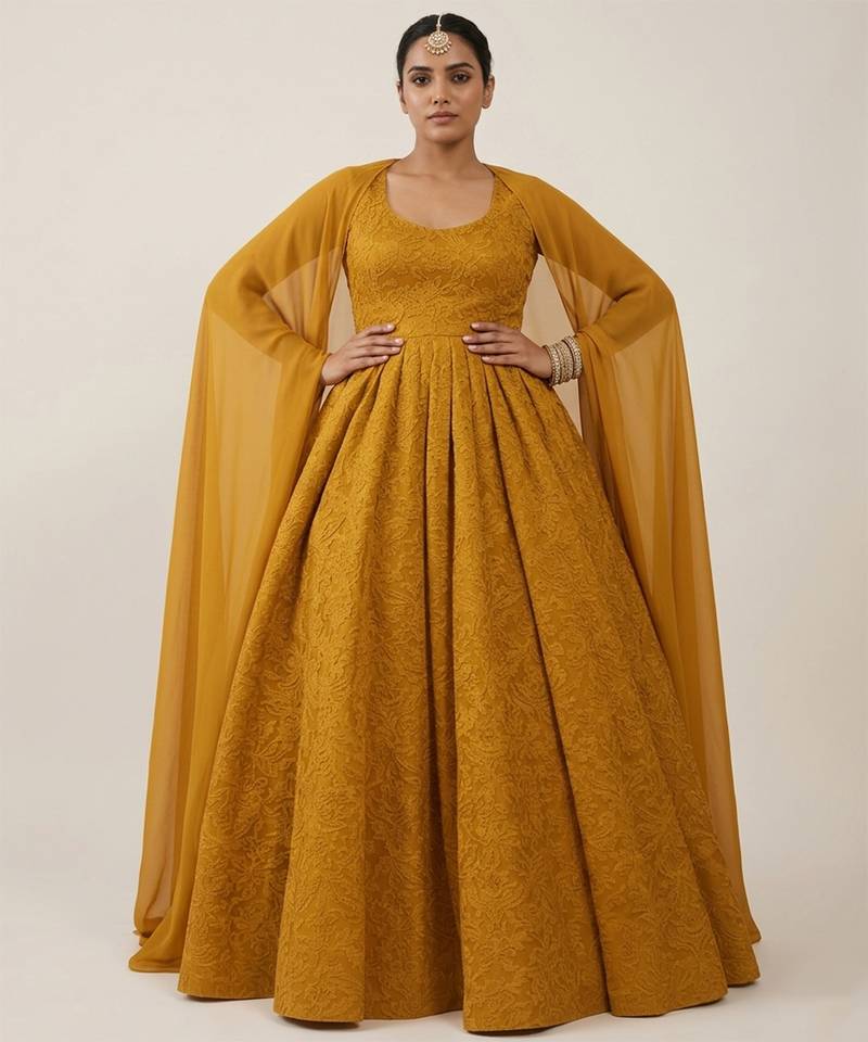 Mustard embroidered tissue anarkali set