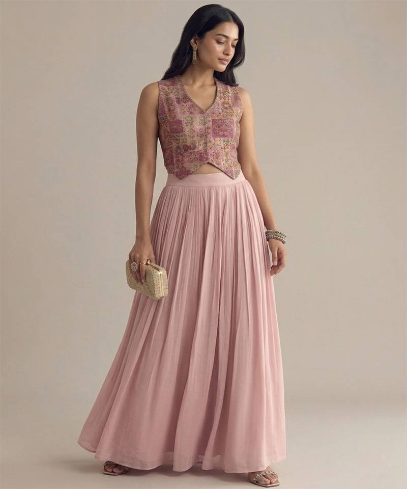 Pink embroidered silk co ord set