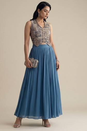 Blue embroidered silk co ord set