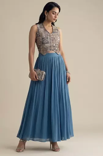 Blue embroidered silk co ord set