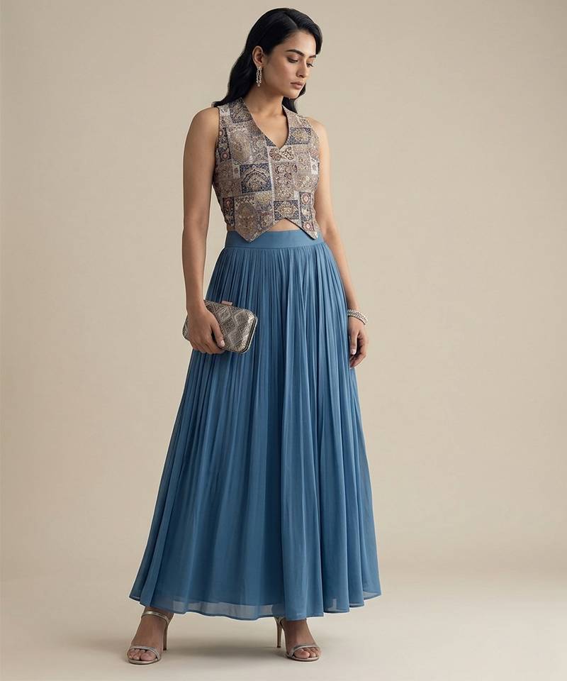 Blue embroidered silk co ord set