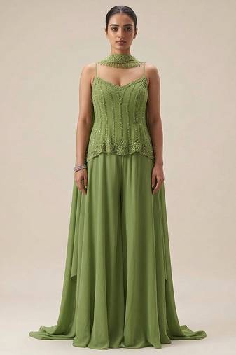 Sage green embroidered crepe sharara set