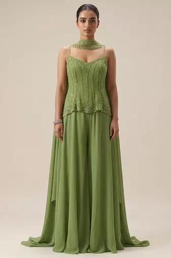 Sage green embroidered crepe sharara set
