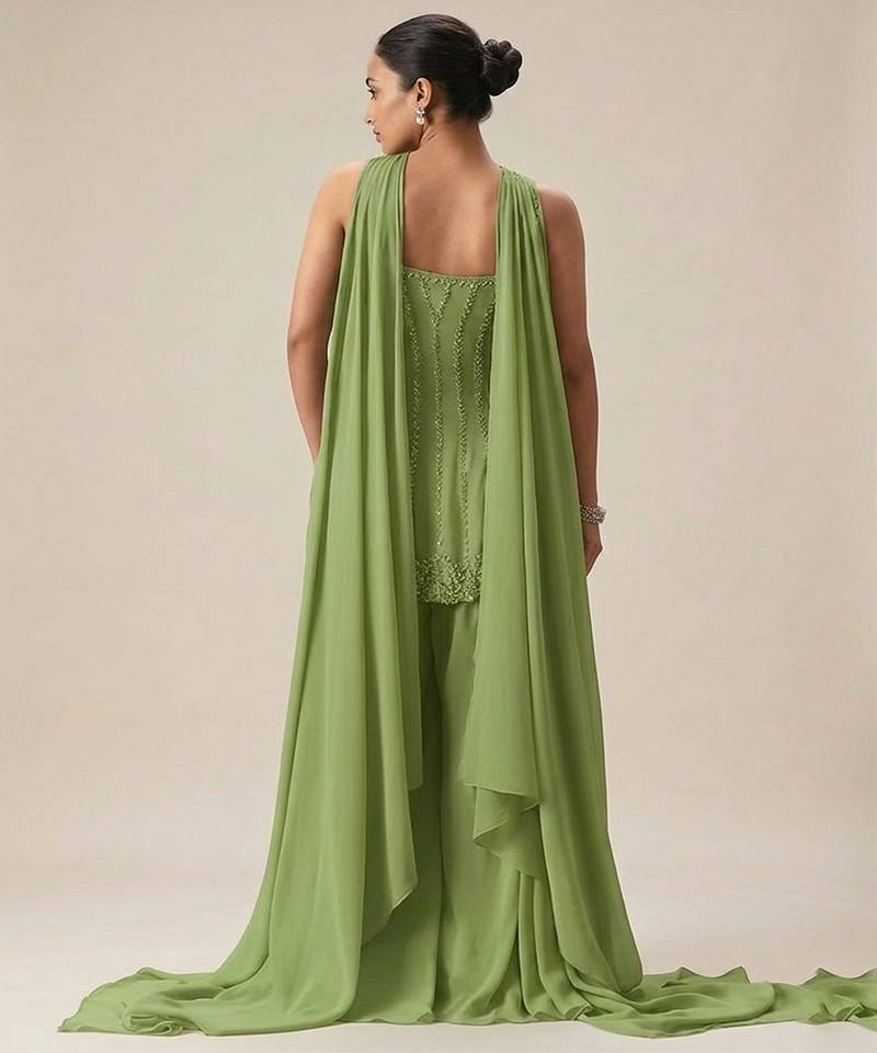 Sage green embroidered crepe sharara set