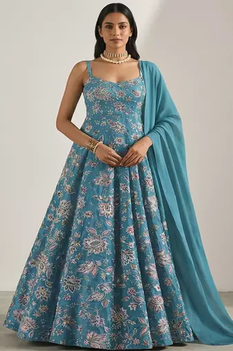 Teal green printed crepe anarkali set